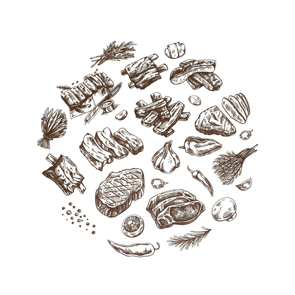 A set of hand-drawn sketches of barbecue elements. For the design of the menu of restaurants and cafes, grilled food. Pieces of meat and vegetables with seasonings. vector