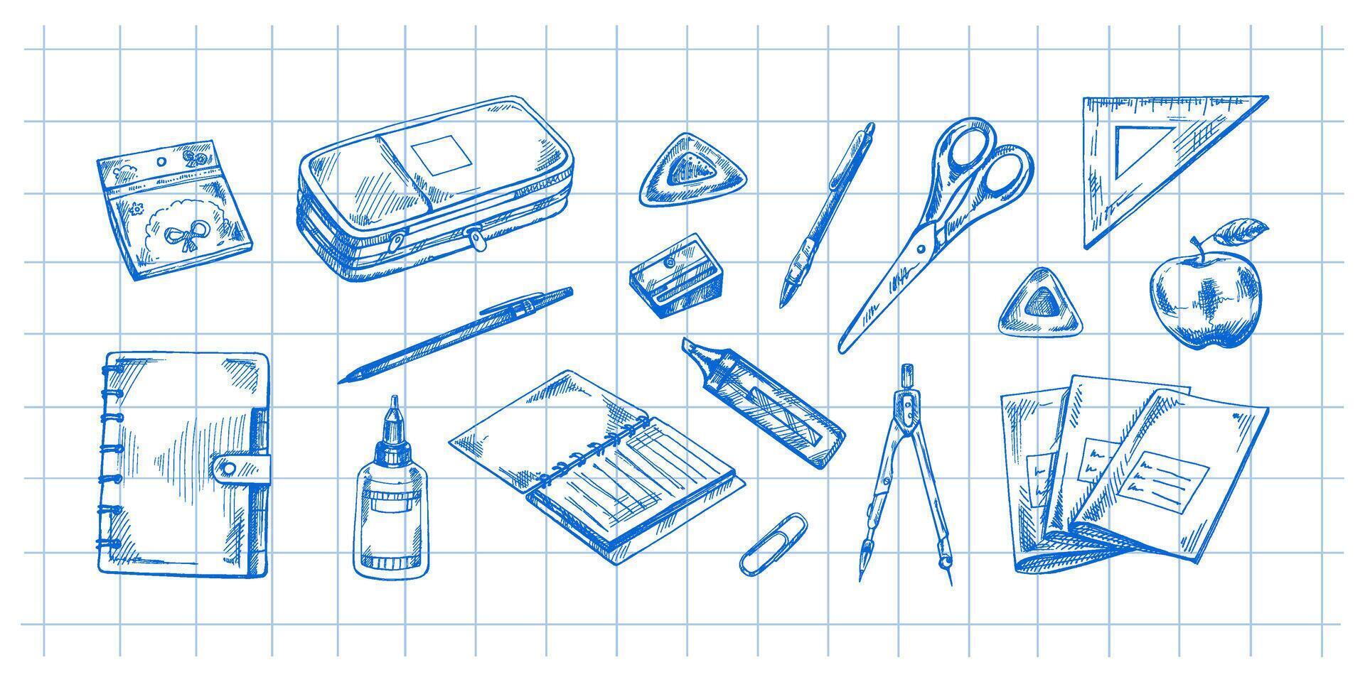Back to School, hand drawn school supplies - big sketch set. Doodle object collection. Education Concept. Vintage sketch element. Back to School. vector