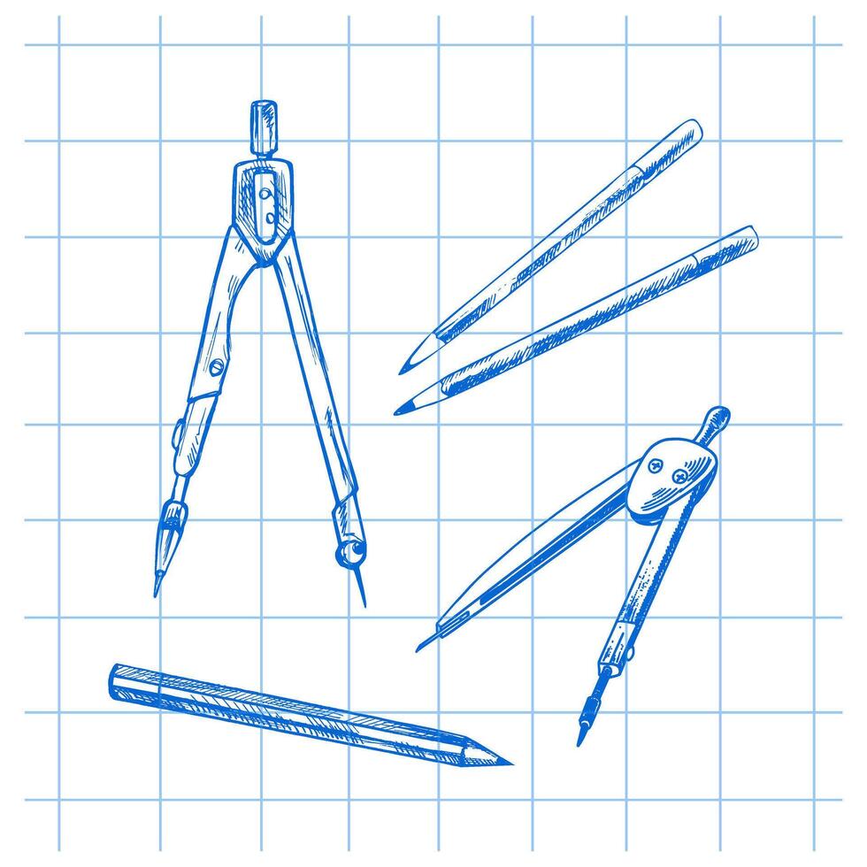 Hand-drawn school and office tools Illustration set. Detailed retro style Architect's compasses and pencils sketch. Vintage sketch element. Back to School. vector