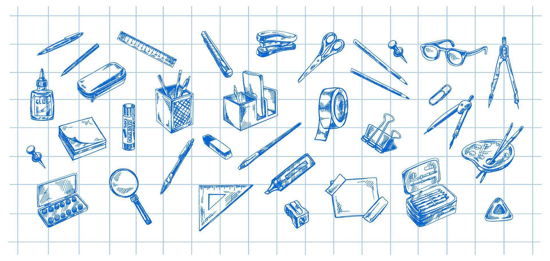 Back to School, hand drawn school supplies - big sketch set. Doodle object collection. Education Concept. Vintage sketch element. Back to School. vector