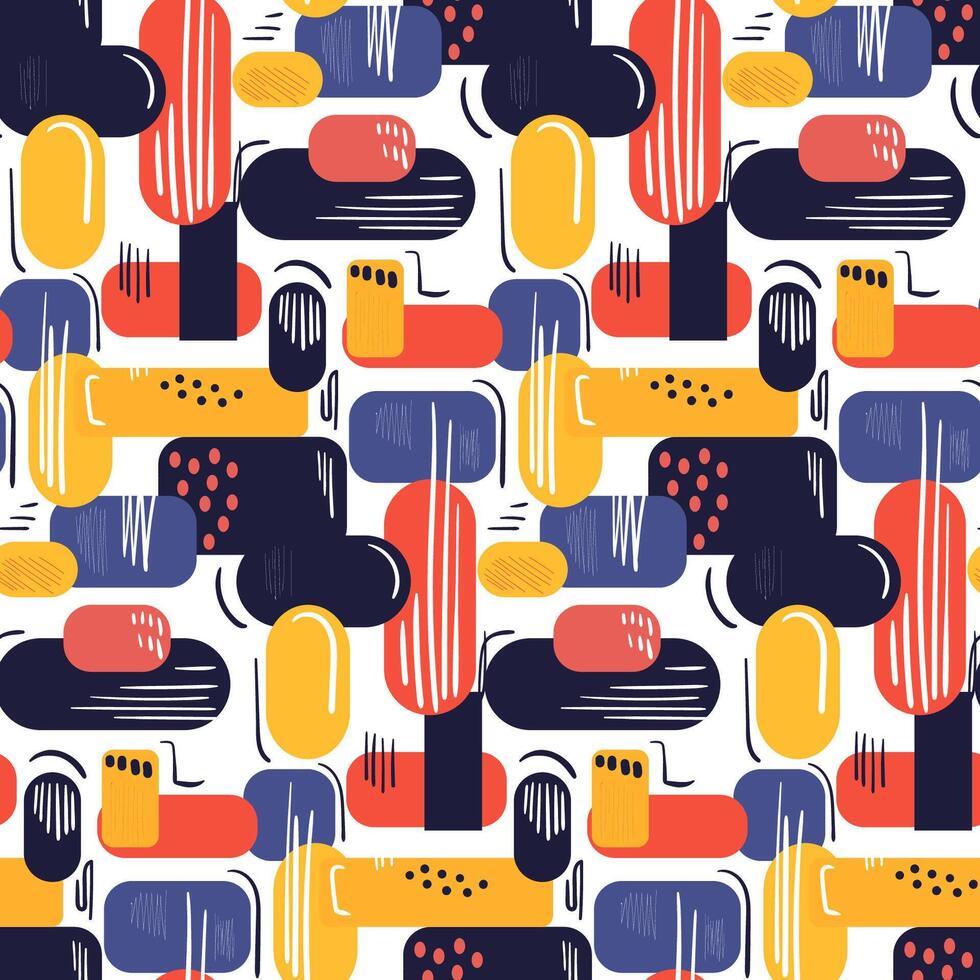 Colorful geometric shapes in a seamless pattern on white background vector