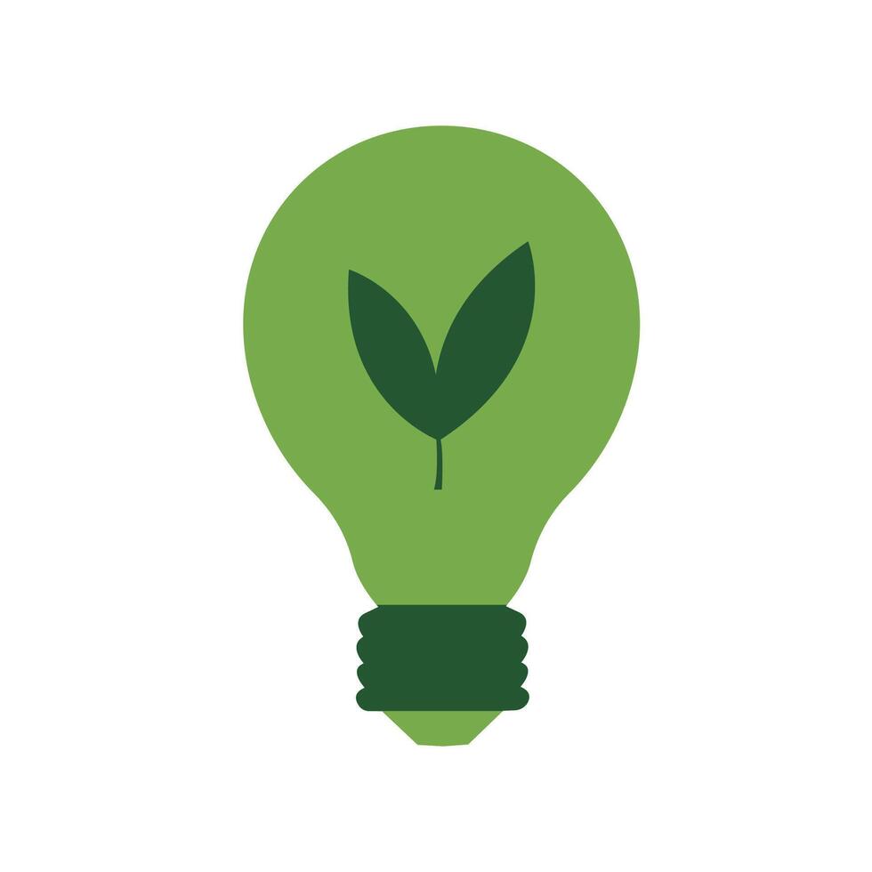 A green light bulb on a white background with a leaf inside. The concept of green energy. , flat style vector