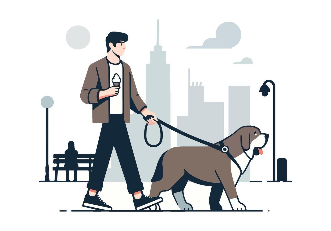 Man walking dog and eating ice cream in city park with urban skyline background illustration vector