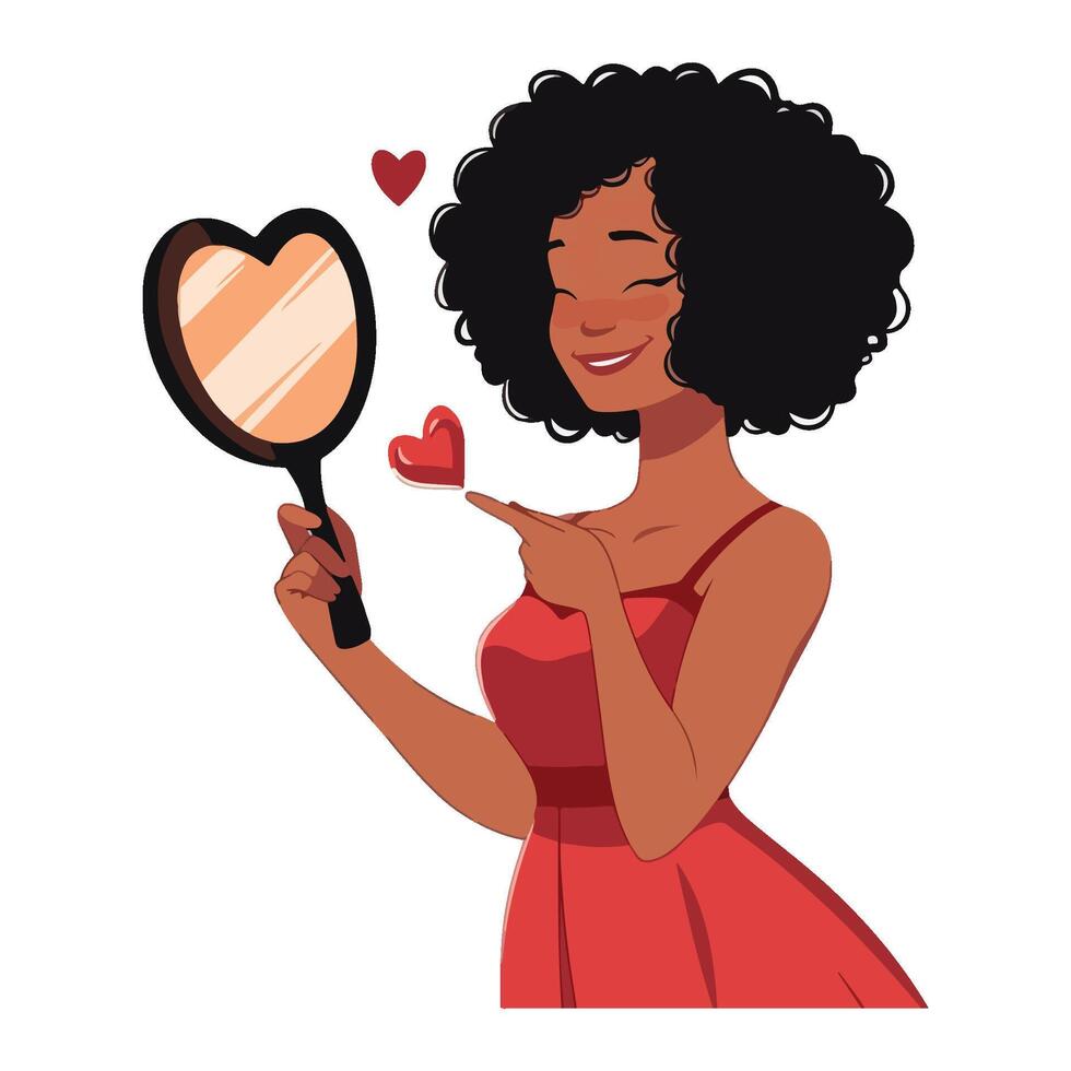 Woman holding heart-shaped mirror with love symbols and smiling illustration vector