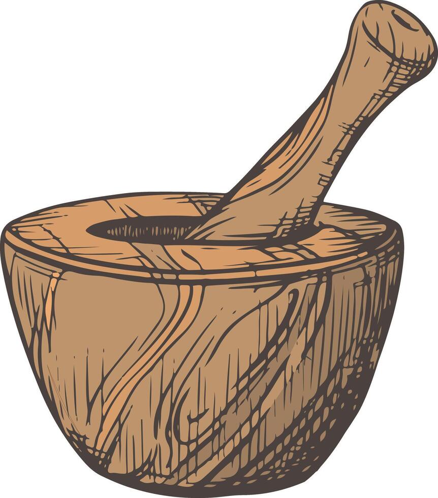 Wooden mortar for grinding herbs on a white background. Hand drawn sketch. Drawing in the technique of engraving. Antique kitchen utensils, rustic style. Provence crockery. vector