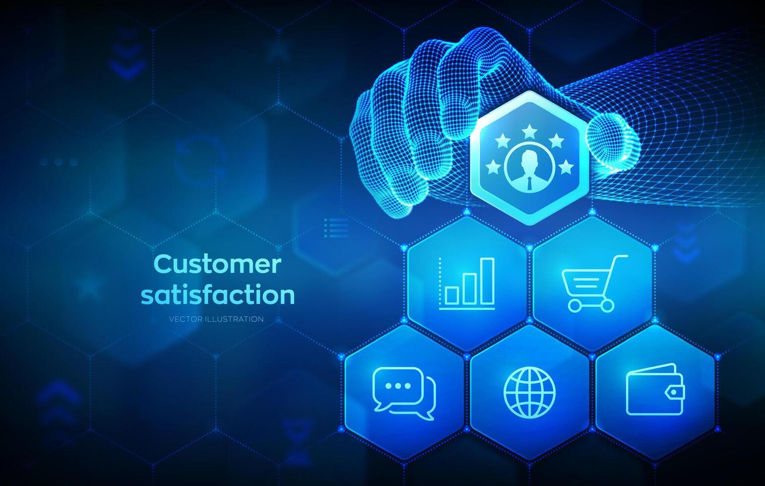 Customer satisfaction. Customer survey and feedback analytics. Using AI and automation technology in marketing for customer service. Hand places an element into a composition. illustration. vector