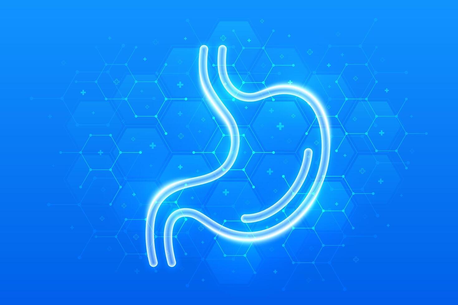 Stomach care. Treatment of stomach and digestive system diseases. Stomach icon. Gastroenterology clinic medical banner. Molecular structure. Blue medical background with hexagons. illustration. vector