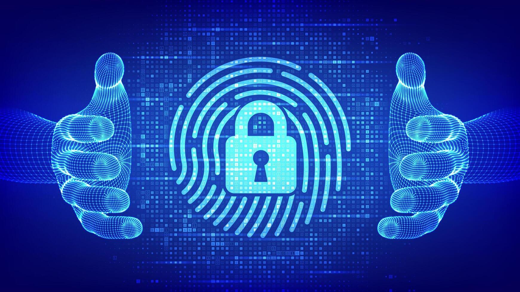 Fingerprint with padlock icon made with binary code in wireframe hands. Personal Data protection. Cyber Security. Biometrics identification. Digital background with digits 1.0. Illustration. vector