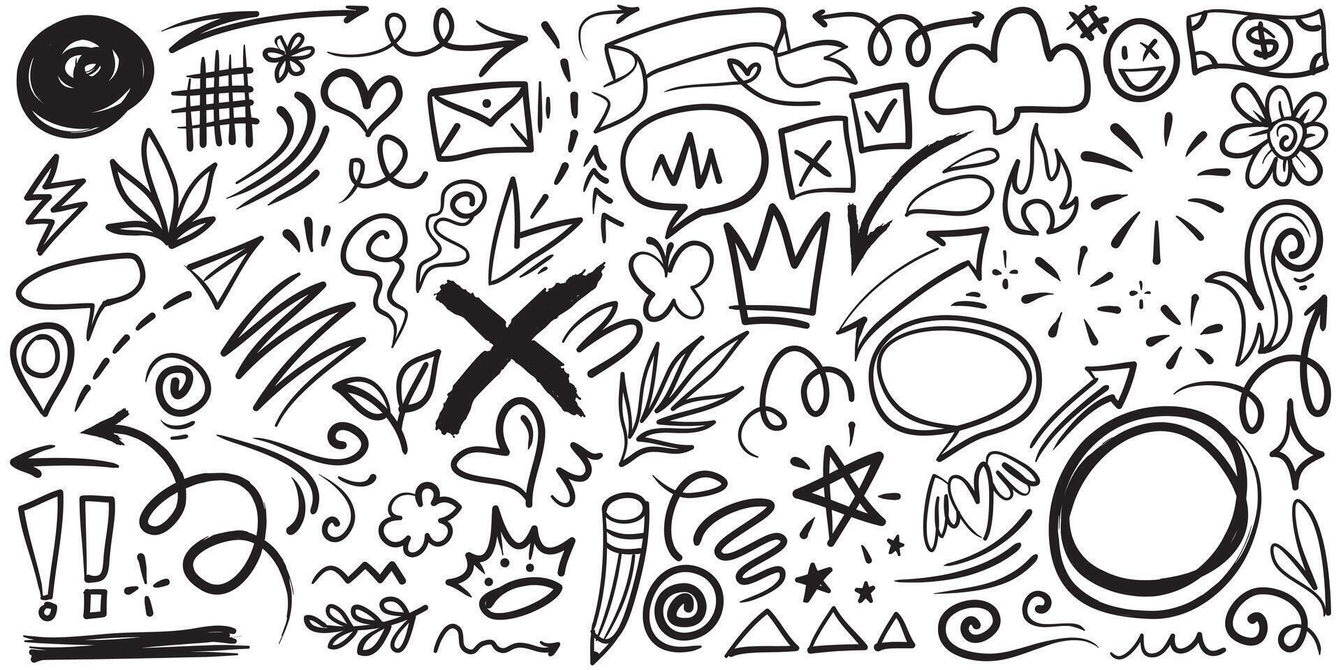 Doodle set of hand-drawn cartoony expression sign doodle, curve directional arrows, emoticon effects design elements, cartoon character emotion symbols, cute decorative brush stroke lines. vector