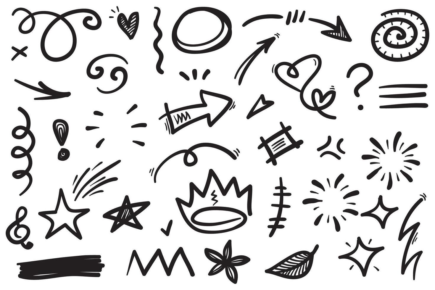 Doodle set of hand-drawn cartoony expression sign doodle, curve directional arrows, emoticon effects design elements, cartoon character emotion symbols, cute decorative brush stroke lines. vector