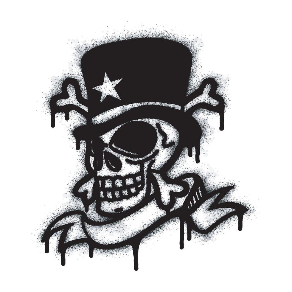 Skull icon wearing a hat slash Graffiti Spray Paint Sprayed isolated on white background. over-sprayed graffiti skull symbol in black on white. vector