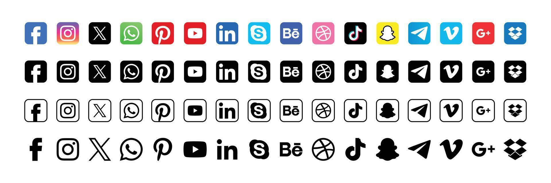 Set of popular Social Media Icons including Facebook, Instagram, x, threads, YouTube, WhatsApp, TikTok vector