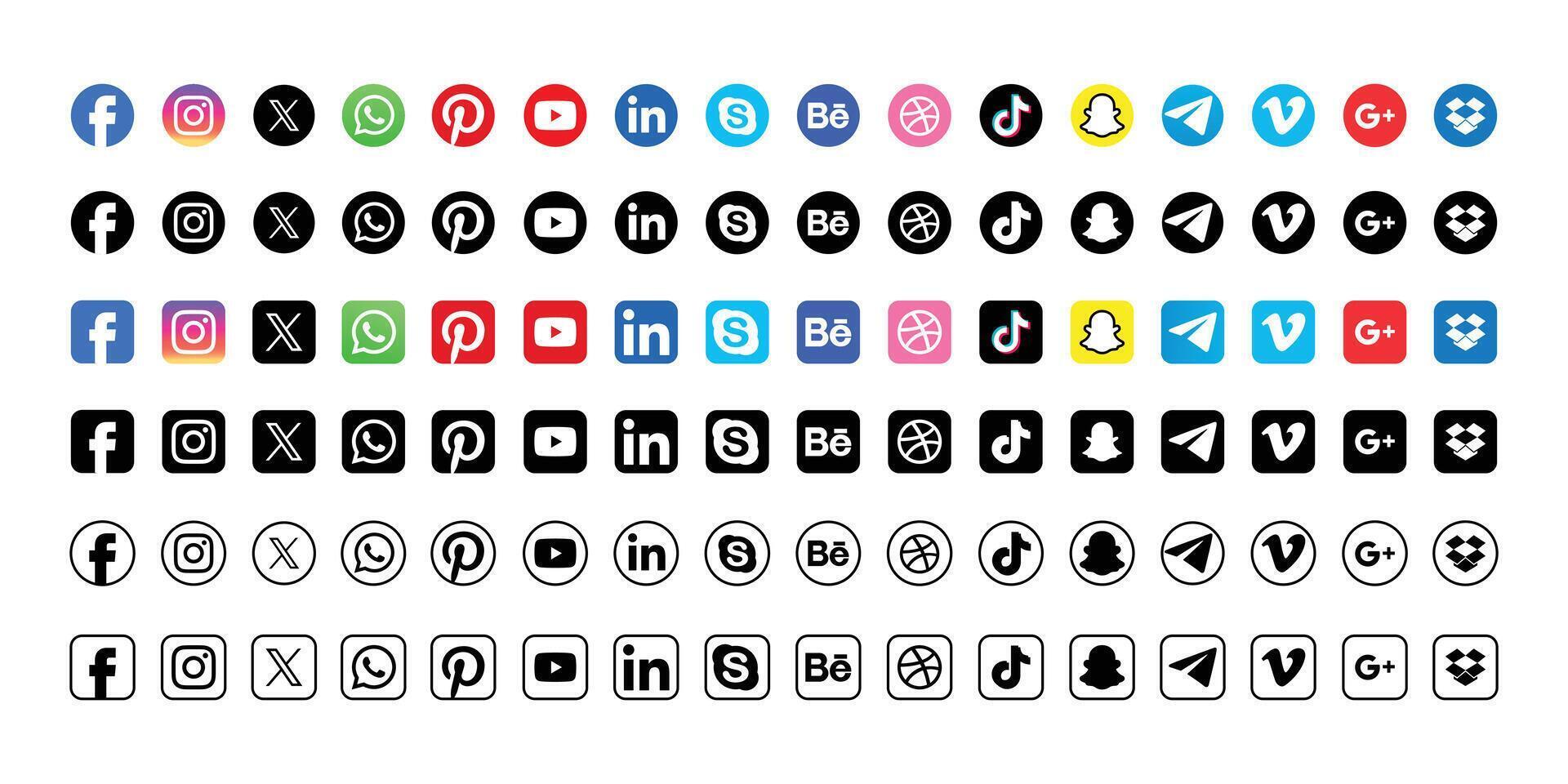 Set of popular Social Media Icons including Facebook, Instagram, x, threads, YouTube, WhatsApp, TikTok vector