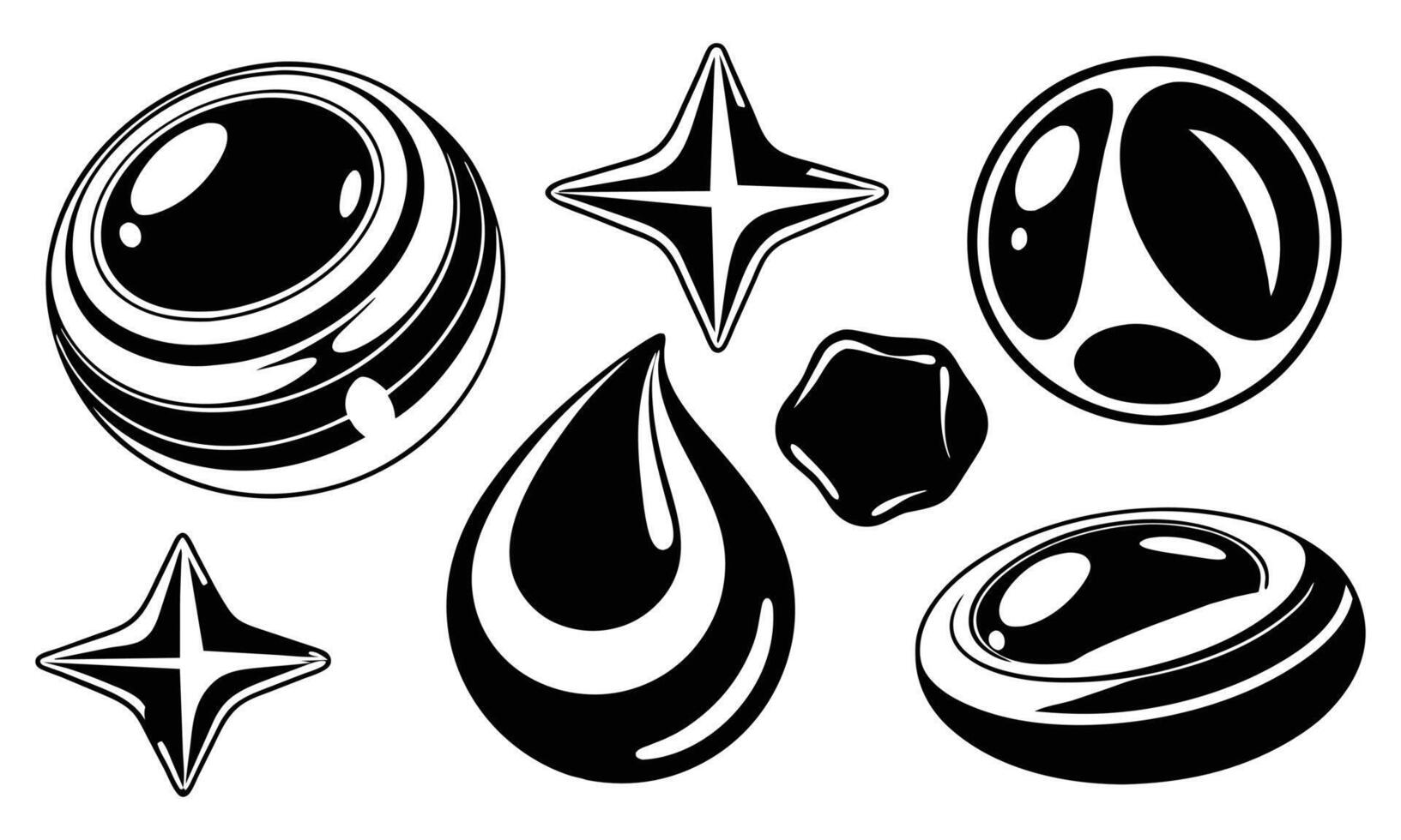 3d chrome metal organic fluid shapes and stars. Abstract liquid mercury metallic icon. illustration on white background vector