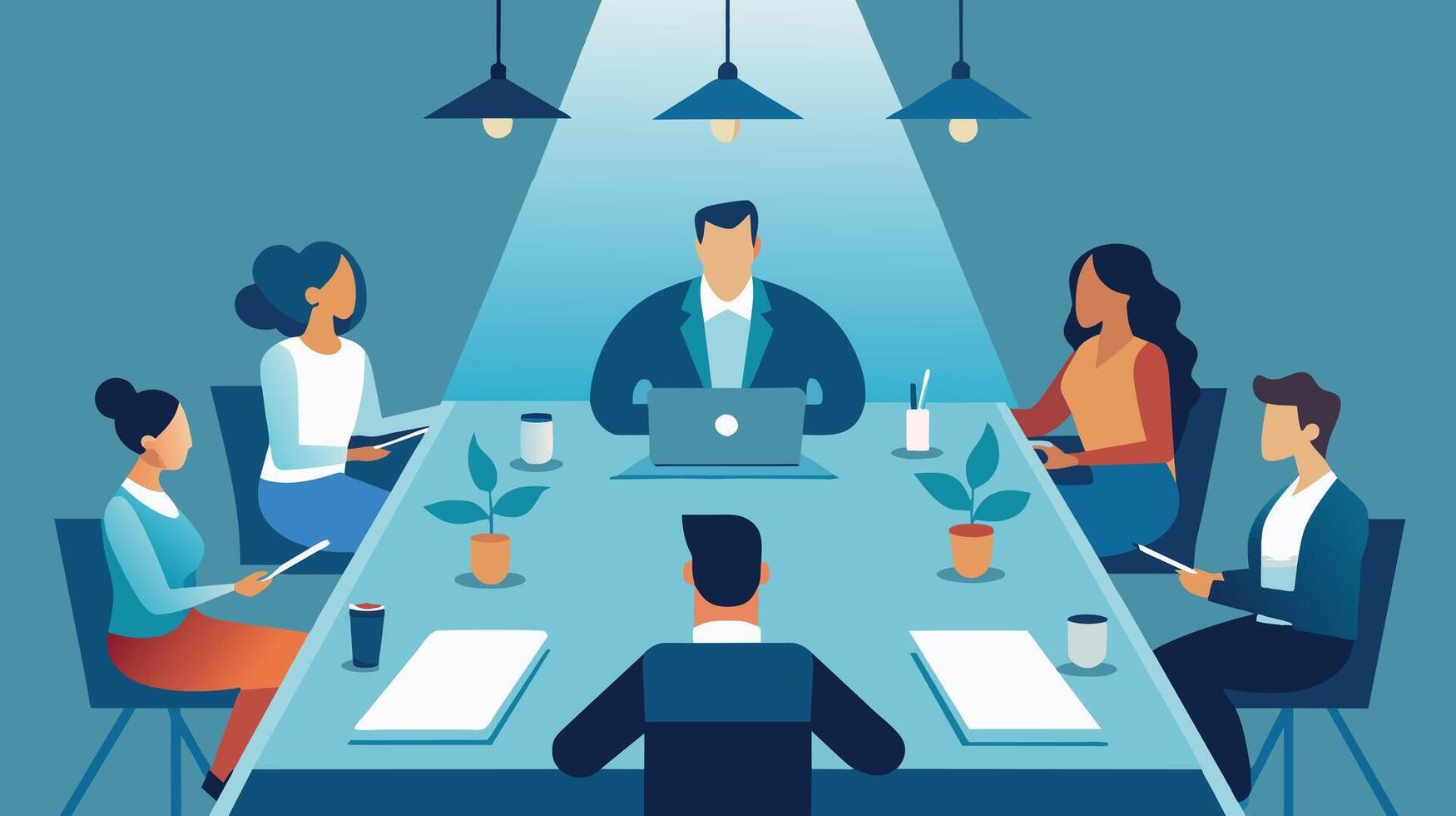 Business plan meeting illustration. The team has a discussion at a round table. illustration vector
