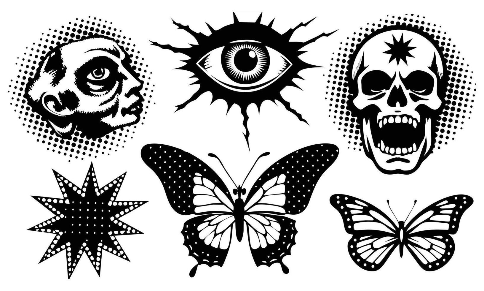 Eyes mouth hand head butterfly skull with halftone stipple effect for grunge punk y2k collage design. Pop art style dotted crazy elements. illustration on white background vector