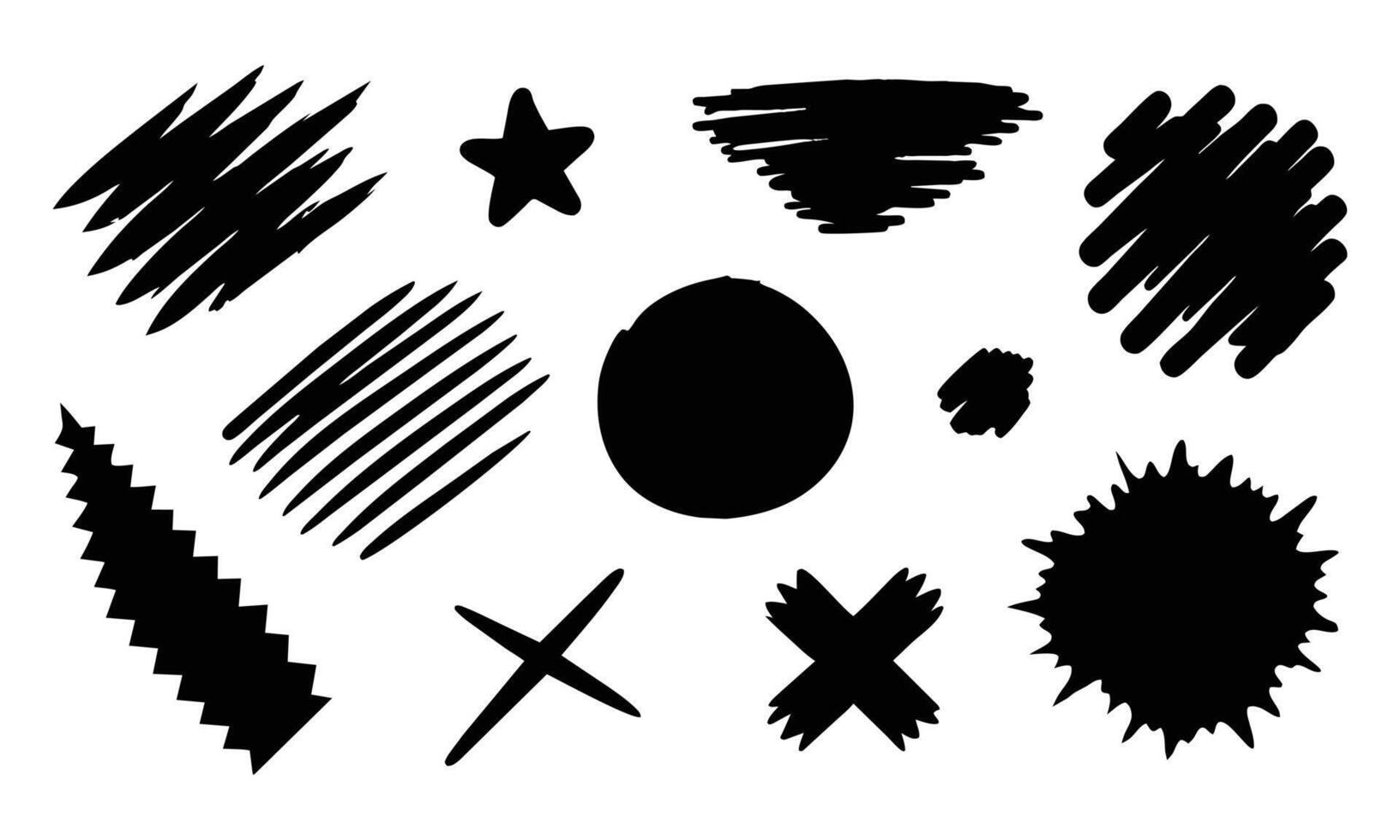Grunge scrawls charcoal scribbles rough brush strokes underlines strikethroughs. Bold charcoal freehand stripes and ink shapes. illustration on white background vector