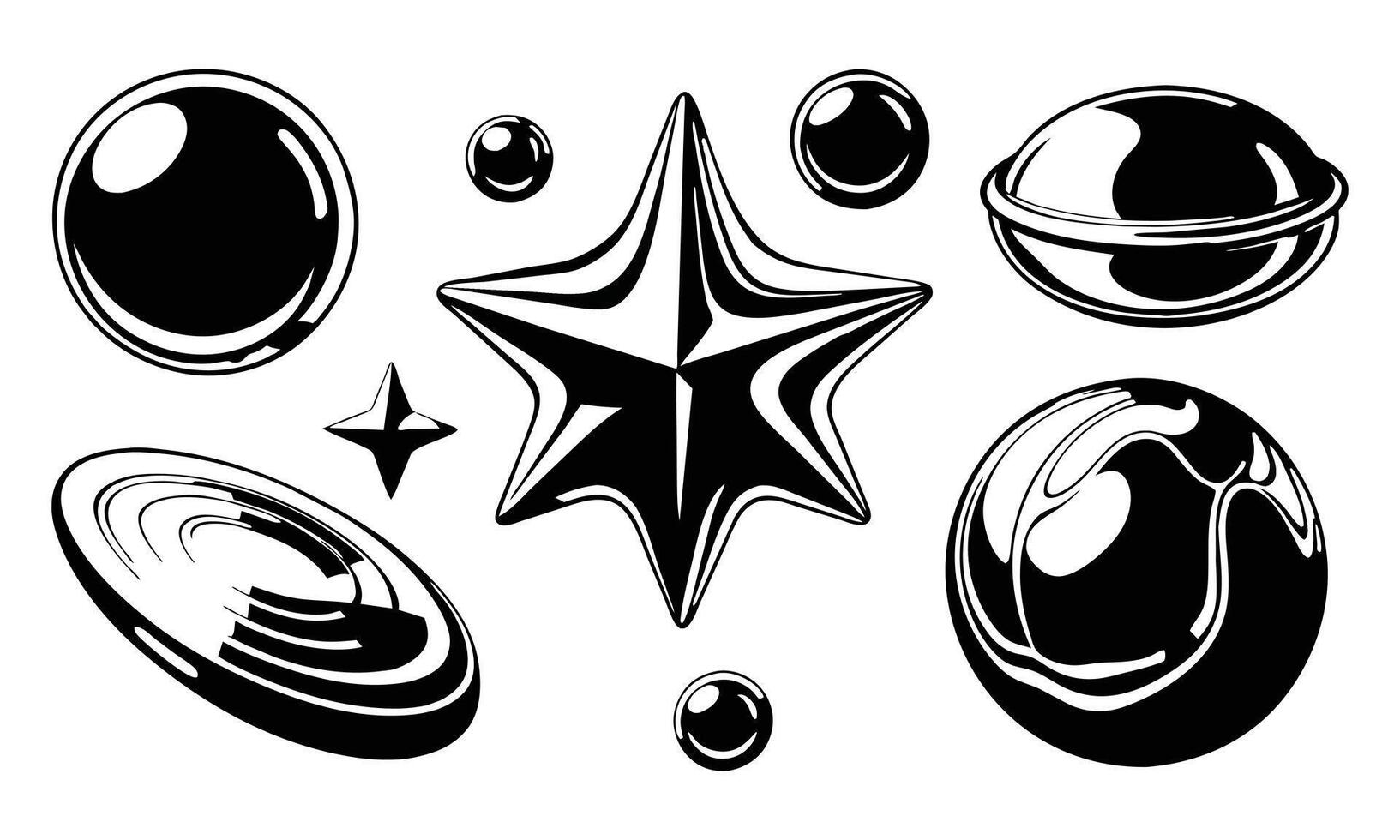 Transparent 3d chrome metal organic fluid shapes and stars. Abstract liquid mercury metallic icon . Brutalist futuristic style illustration on white background vector