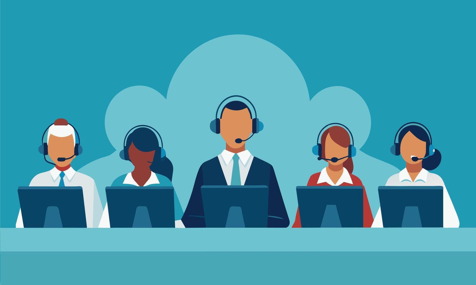 Call center. Customer service Collection set hotline operators with headsets. Online technical support 24 h illustration vector