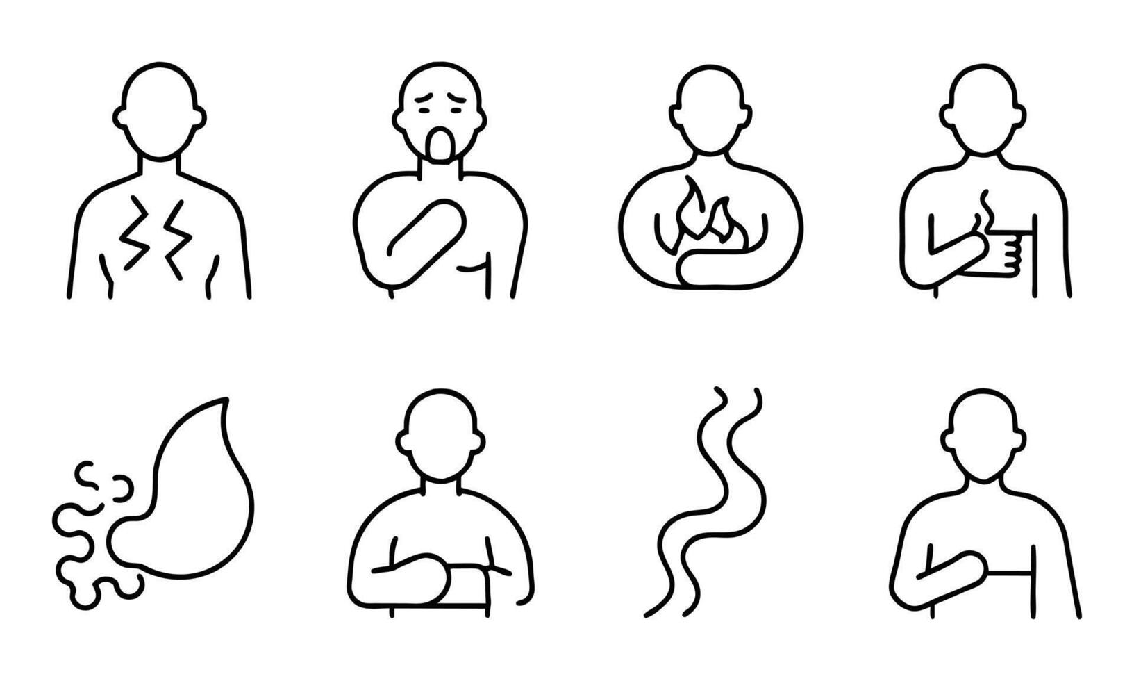 Stomach ache and pain related set outline stripes and ink shapes. illustration on white background. vector
