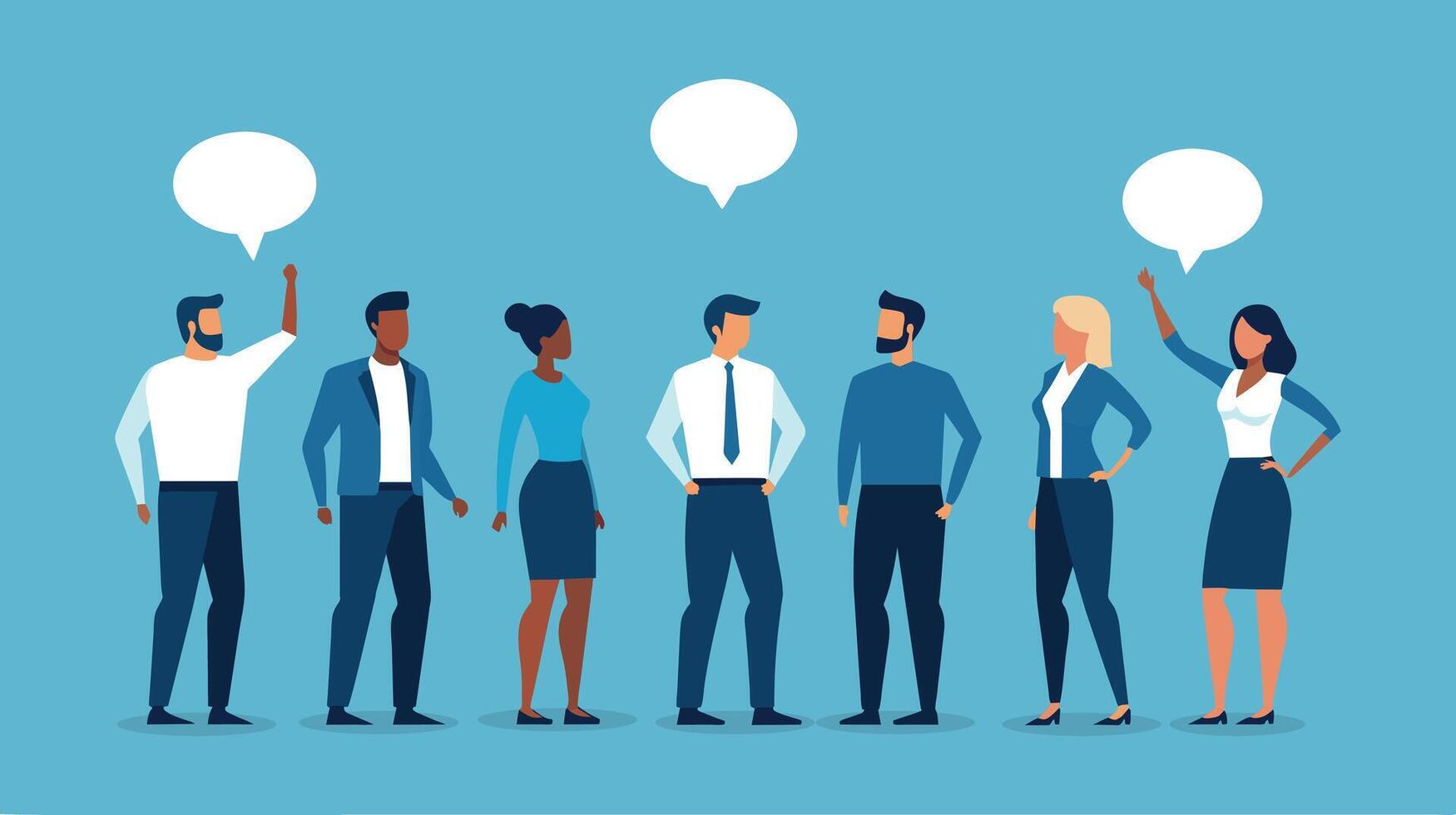 Communication concept. Experts. Successful team of seven people standing on a blue background and speech bubbles above. Business illustration. vector