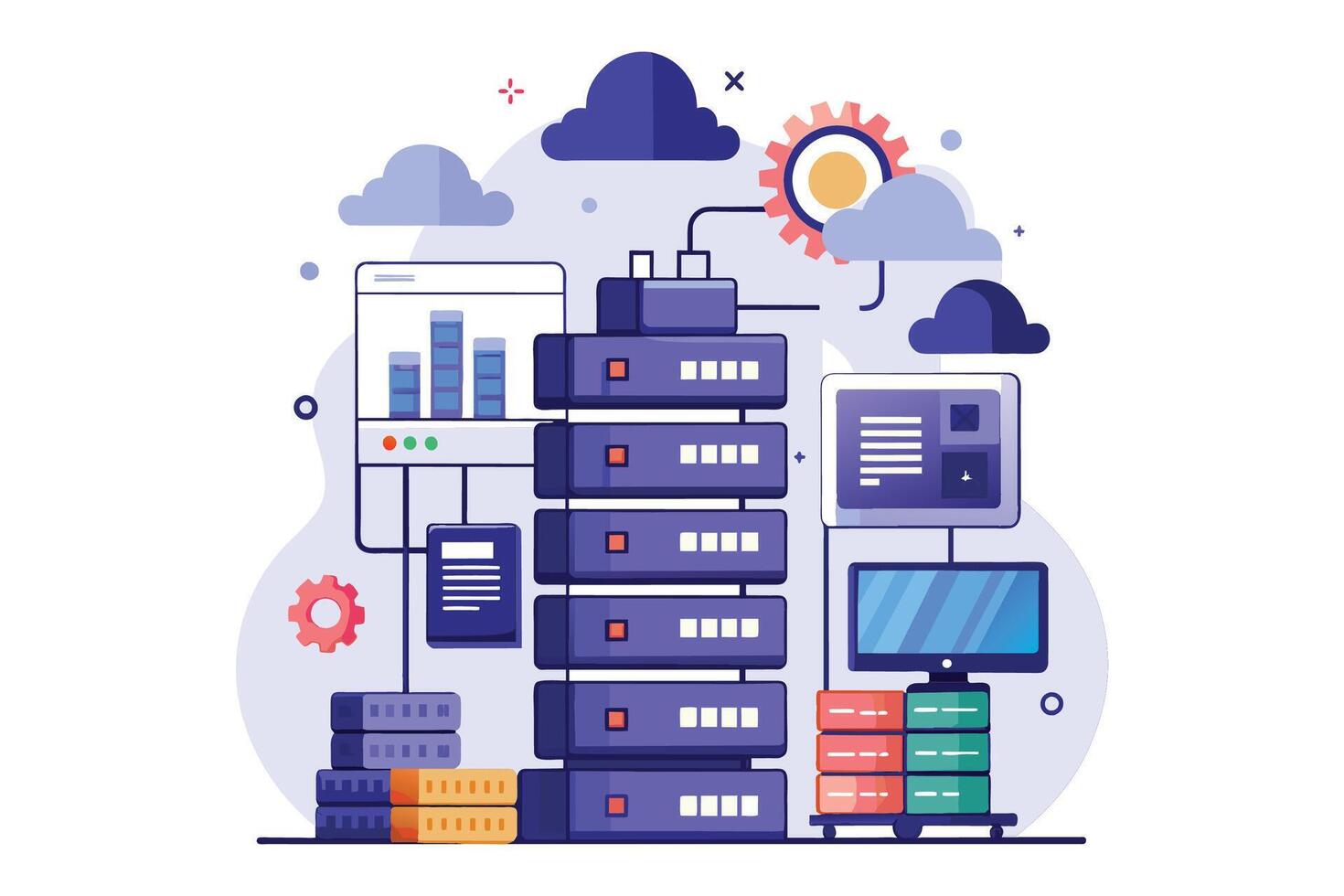 Dara center overview flat illustration on white background. vector