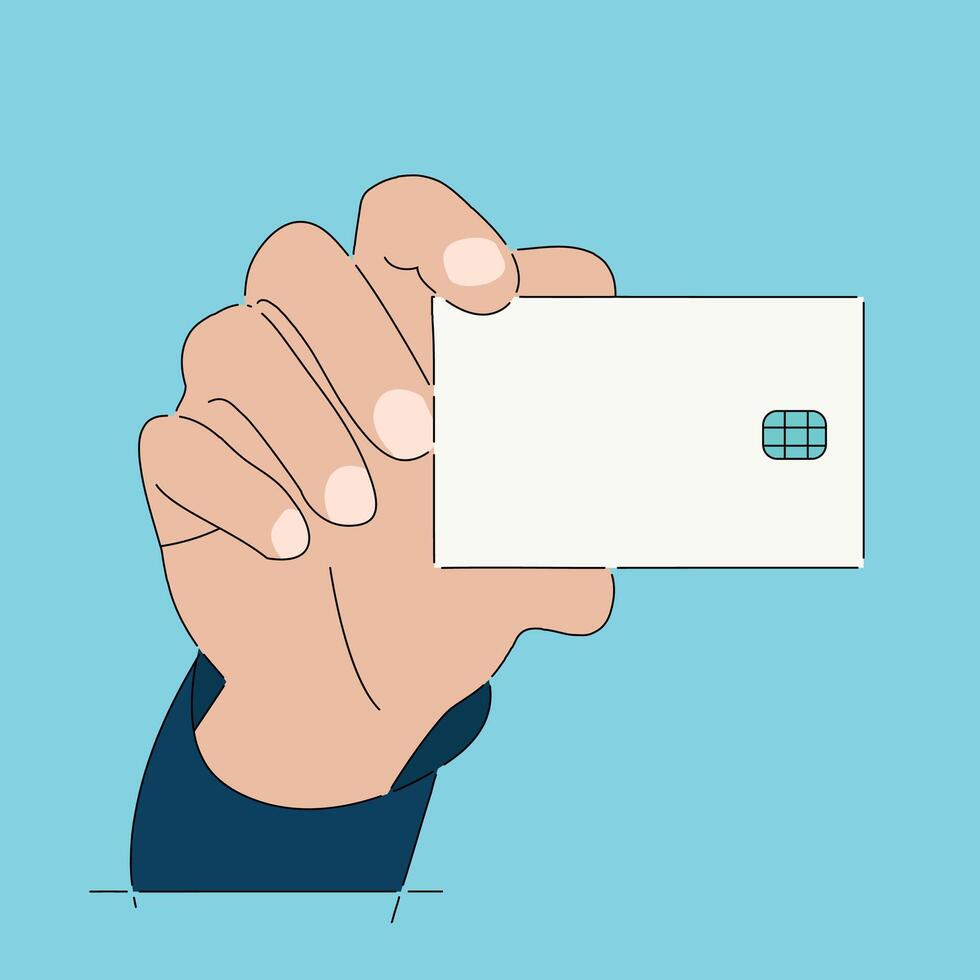 Bank card mock up, sample in male hand, flat illustration vector