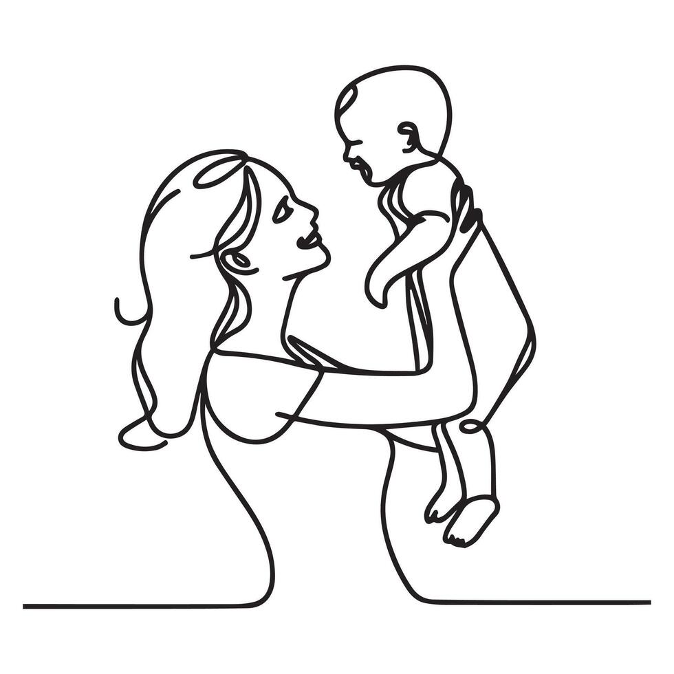 Happy mom with her little son in continuous line art drawing style. Mother holding her male child up in the air. Black linear sketch isolated on white bac vector