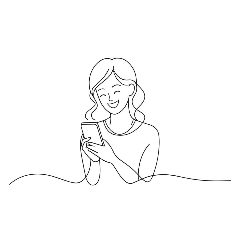 A woman happily using her cell phone, smiling as she looks at the screen, continuous line art illustration. vector
