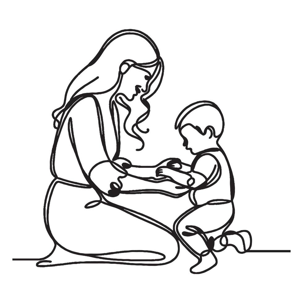 Happy mom with her little son in continuous line art drawing style. Mother assisting her toddler child. Minimalist black linear sketch isolated on white b vector