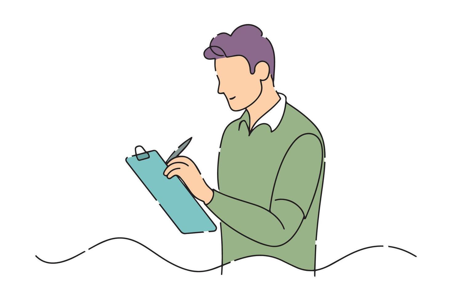 Man writing on clip-board. flat illustration. vector
