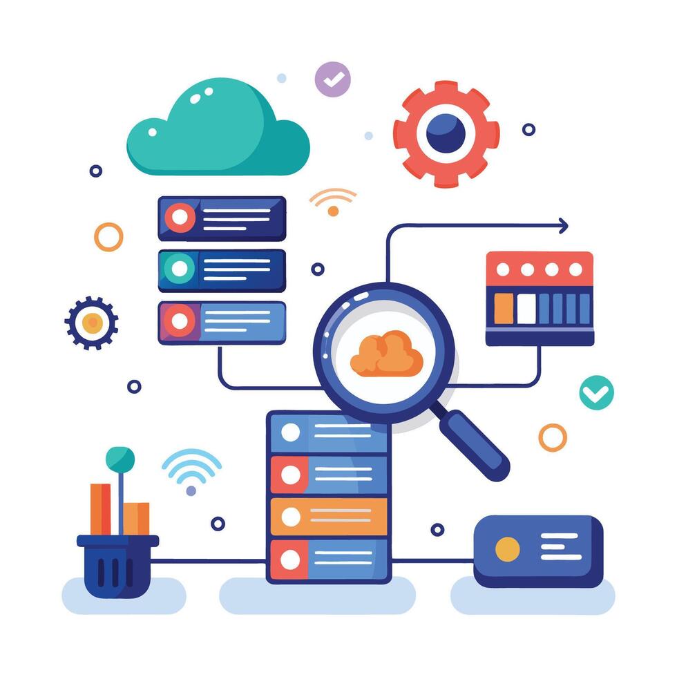 Data center unified search flat illustration on white background. vector