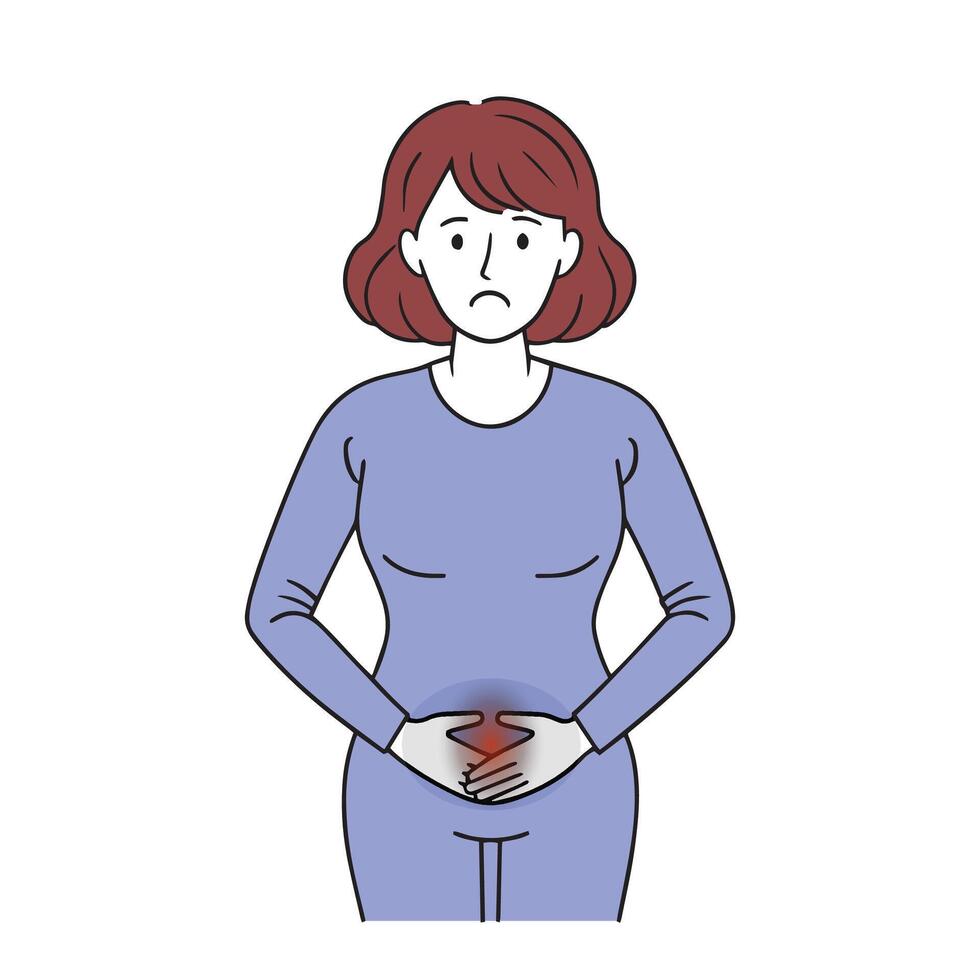 Woman suffering from Menopause bladder, isolated Line illustration on white backgroud. vector