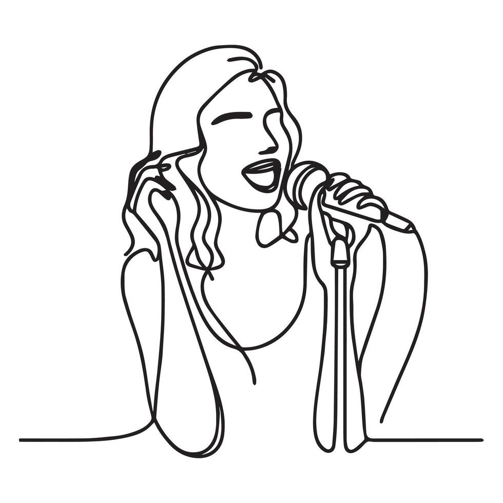 Singer in continuous line art drawing style. Young woman holding microphone and singing. Black linear sketch isolated on white background. illustra vector