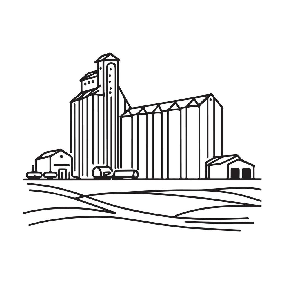 Grain elevator. Warehouse with silos for grain storage black design isolated on white background vector