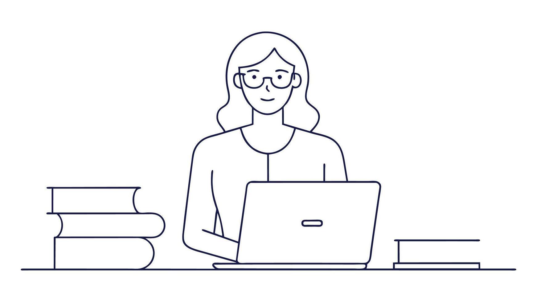 Female teacher is teaching half of her body is out of laptop screen and beside her is pile of books. internet class. One continuous single line hand drawing. vector