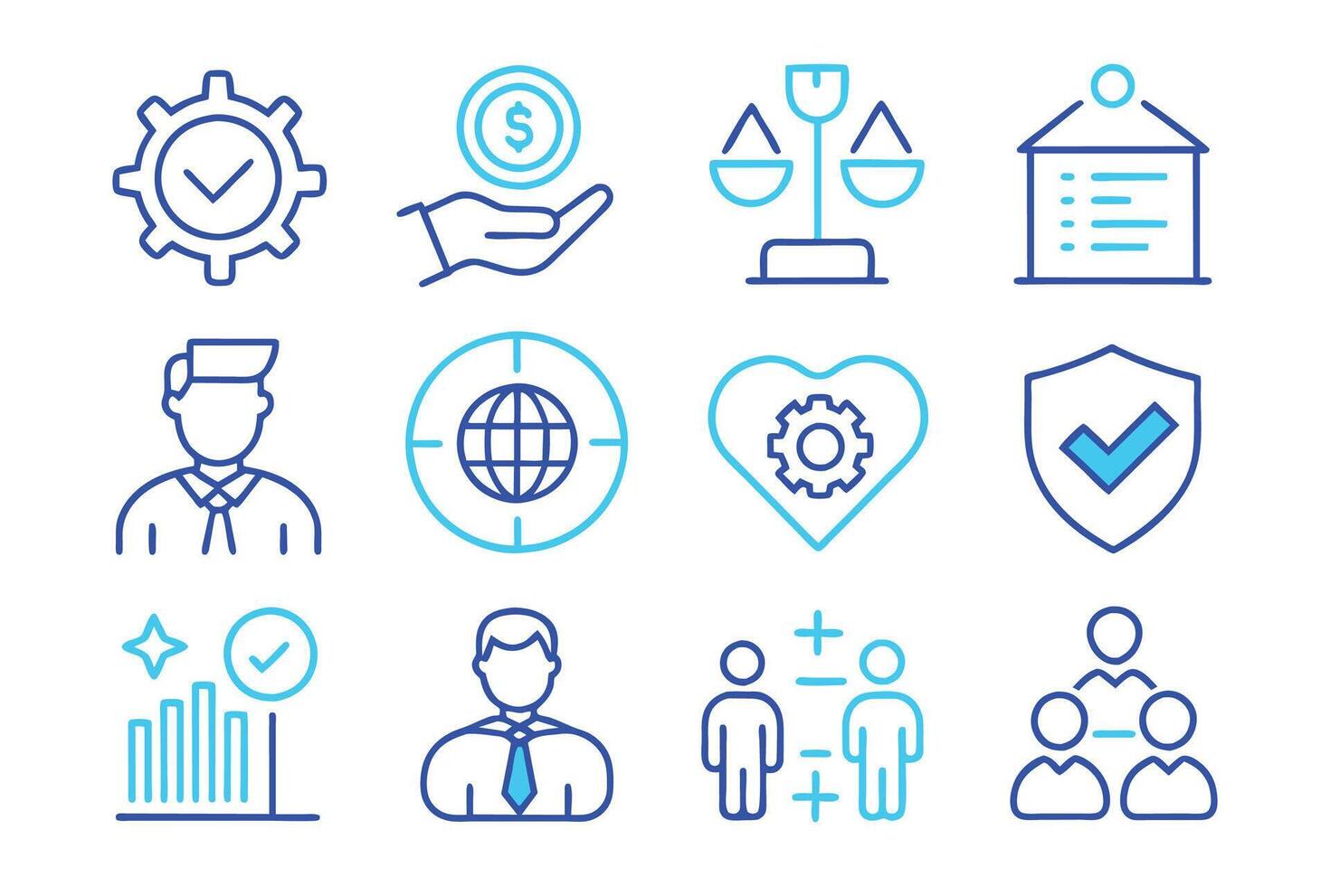 Business ethics and core values blue editable stroke outline icon set illustration on white background. vector
