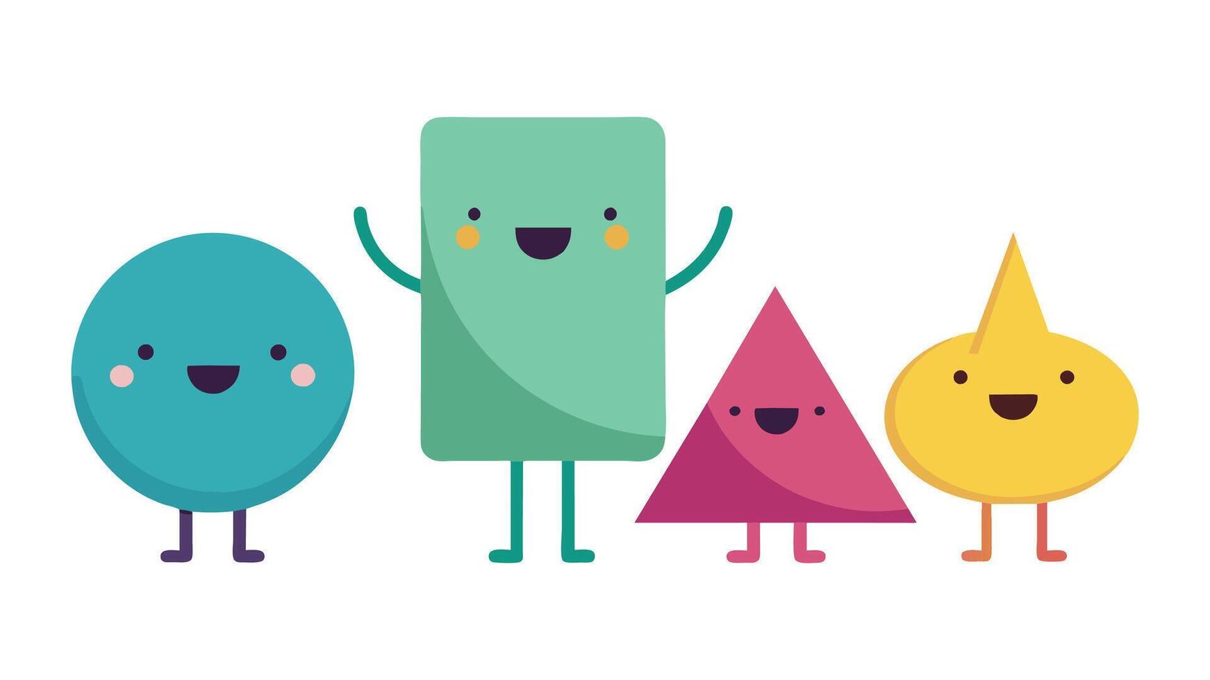 Simple geometric shape character. Cartoon funny geometry figures. Walking triangle happy circle angry oval smiling pentagon. Flat minimal design set. vector