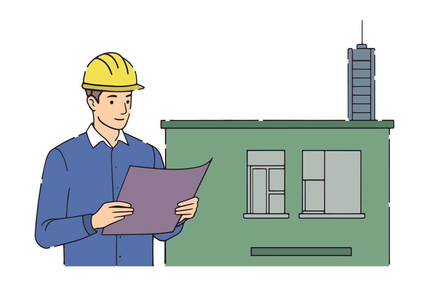 Male architect looking at blueprints flat illustration on white background vector