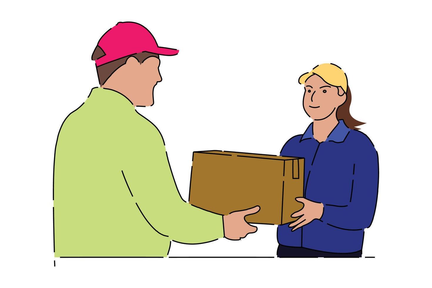 A delivery person delivering a package to a customer, flat illustration on white background. vector