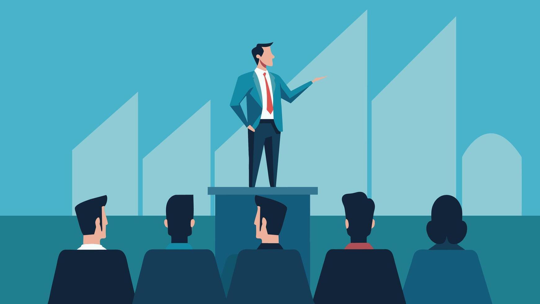 A young speaker lecture on stage flat illustration on white background. vector