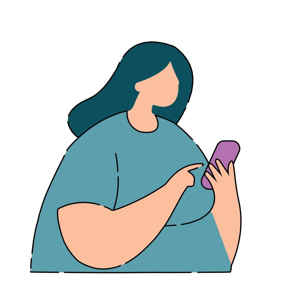 Fat woman typing a phone flat illustration on white background. vector