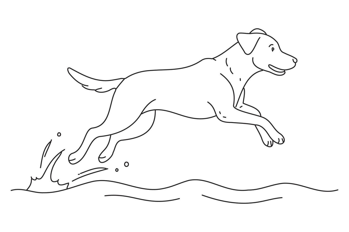 Dog long jump on water continuous line art illustration on white background. vector