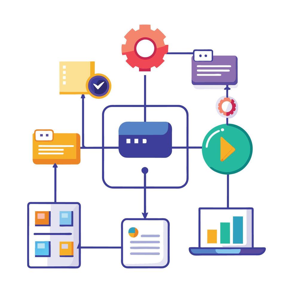 Data development workflow flat illustration on white background. vector