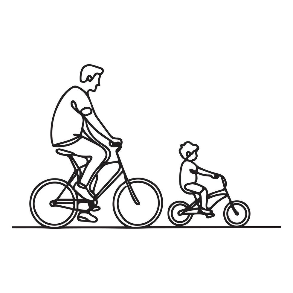 Family cycling in continuous line art drawing style. Father with his little son riding bicycles together. Minimalist black linear sketch isolated on white vector