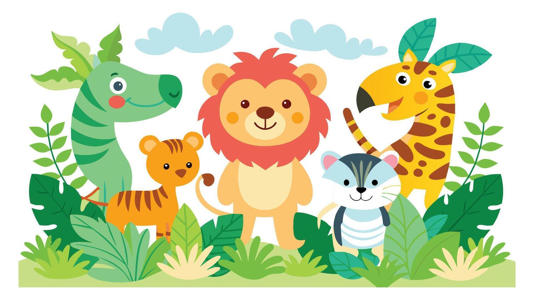 Jungle animals pattern. Funny cartoon seamless background with cute wild lion funny monkey on liana happy parrot and zebra. Safari wallpaper. Kids summer design print vector