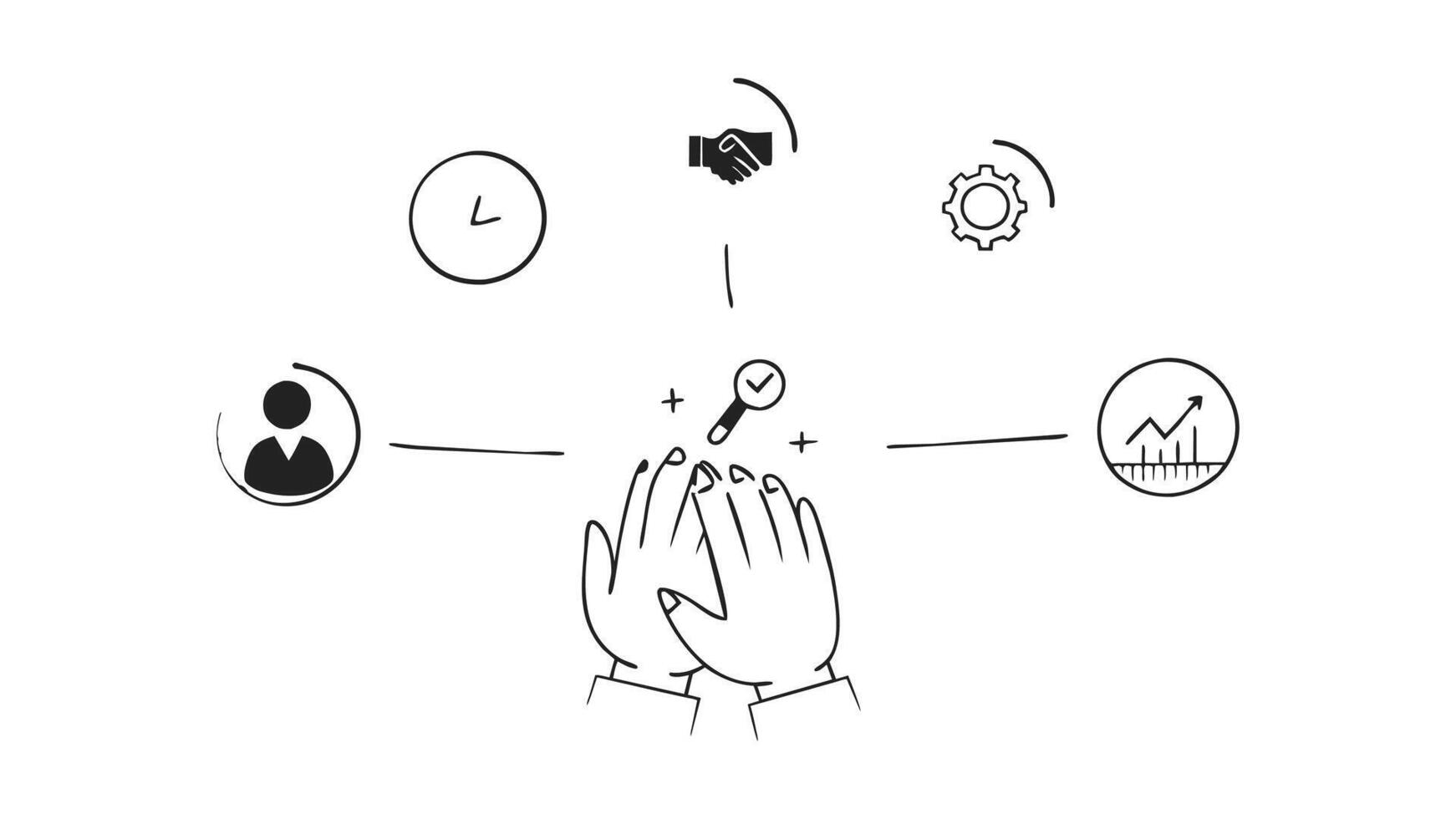 Teamwork. Employees on circles business icons. Team cooperation concept. Business doodle line art on white background.. vector