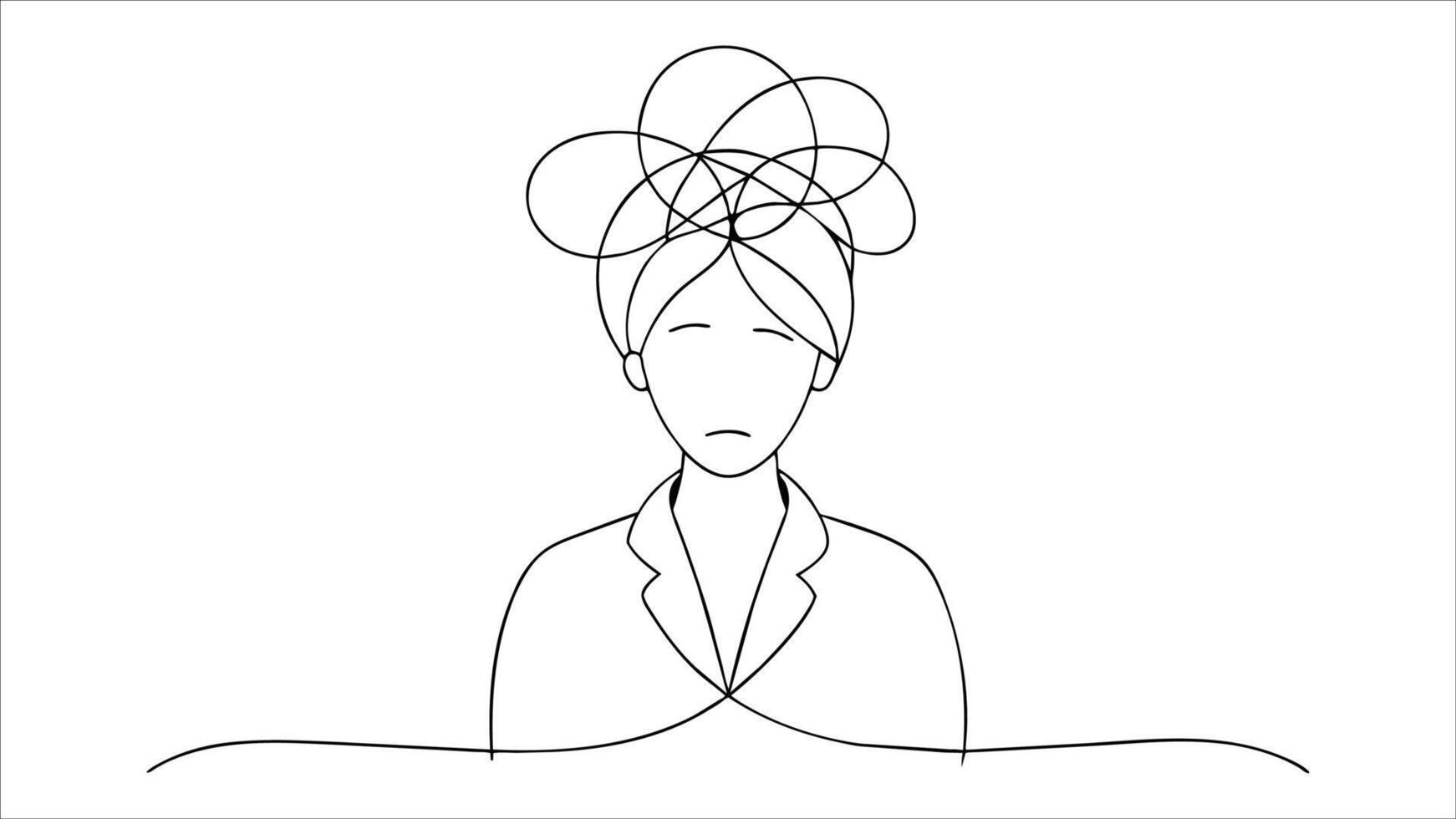Business woman with round scribbles instead of head. Distressed worker hand on head gesture have overwork. Woman suffer headache workload. One continuous single line hand drawin vector
