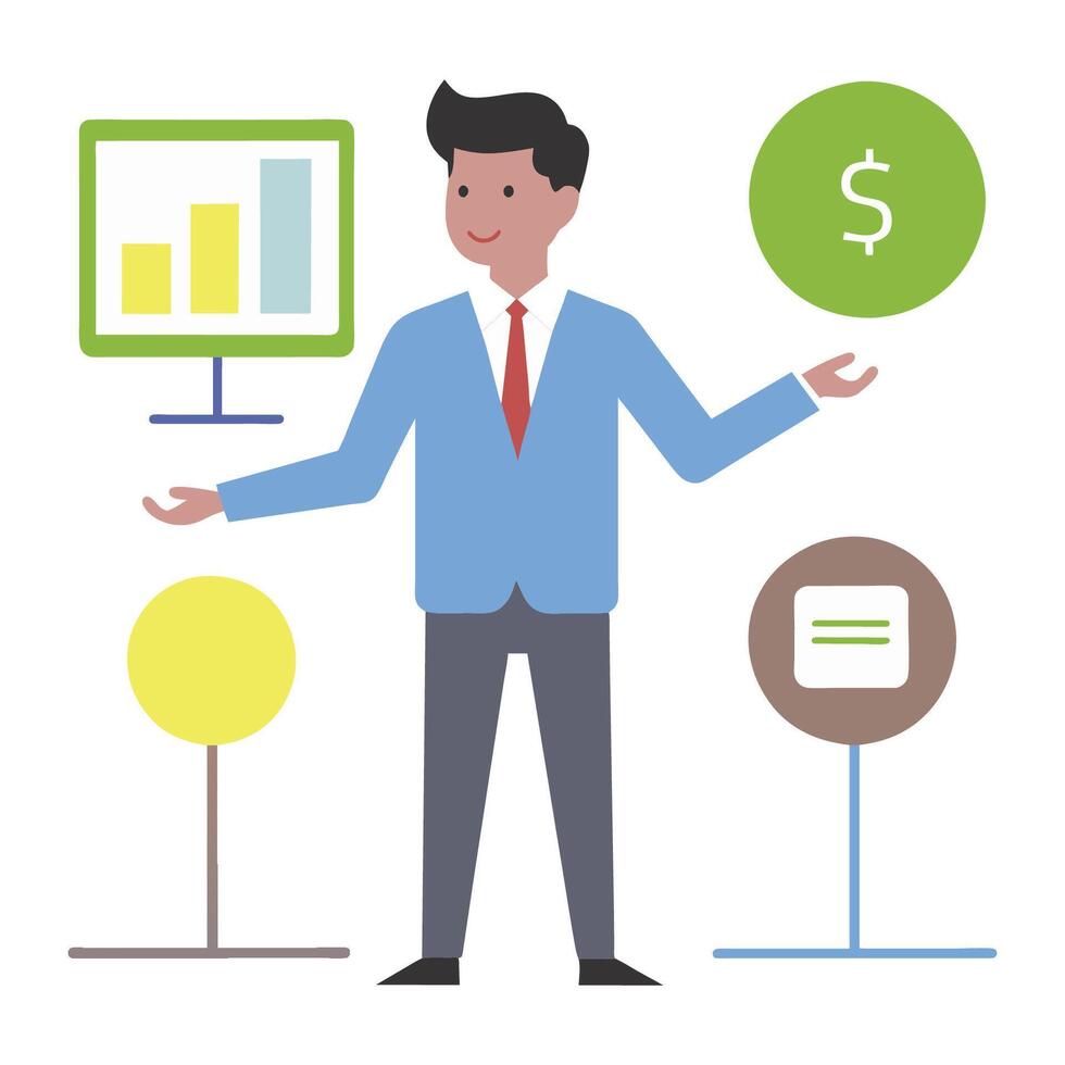 Business person explaining asset management flat illustration on white background. vector