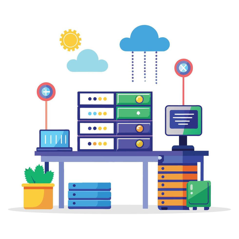 Data center table management flat illustration on white background. vector